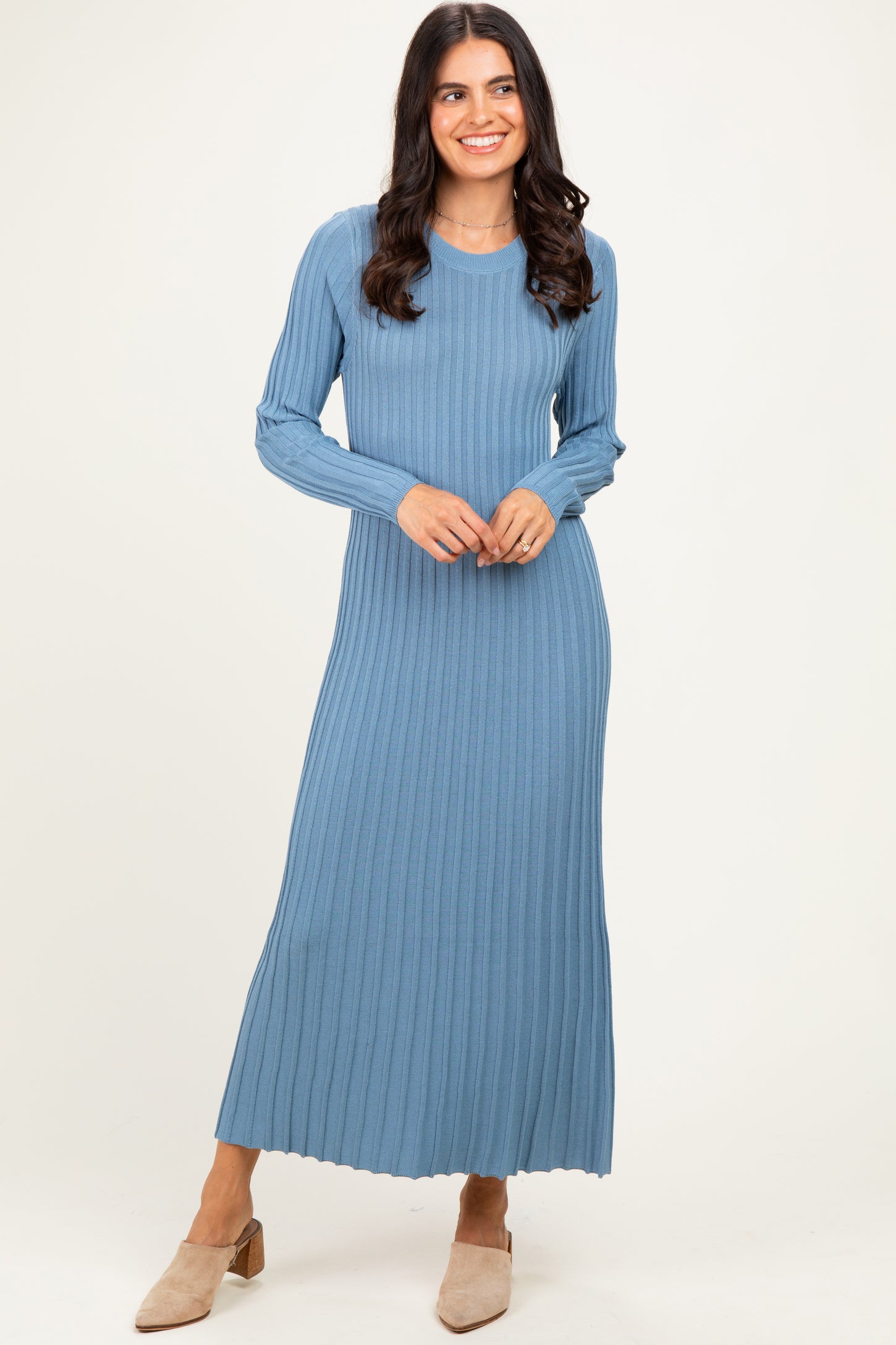 Denim Blue Ribbed Long Sleeve Maternity Sweater Midi Dress