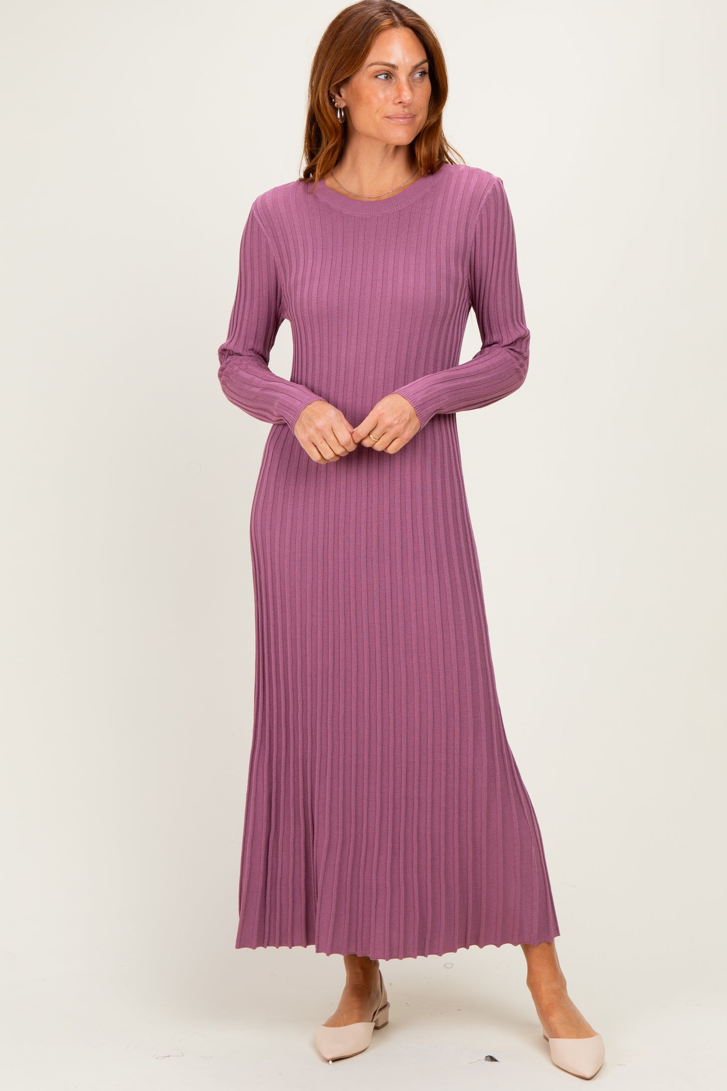 Mauve Ribbed Long Sleeve Maternity Sweater Midi Dress