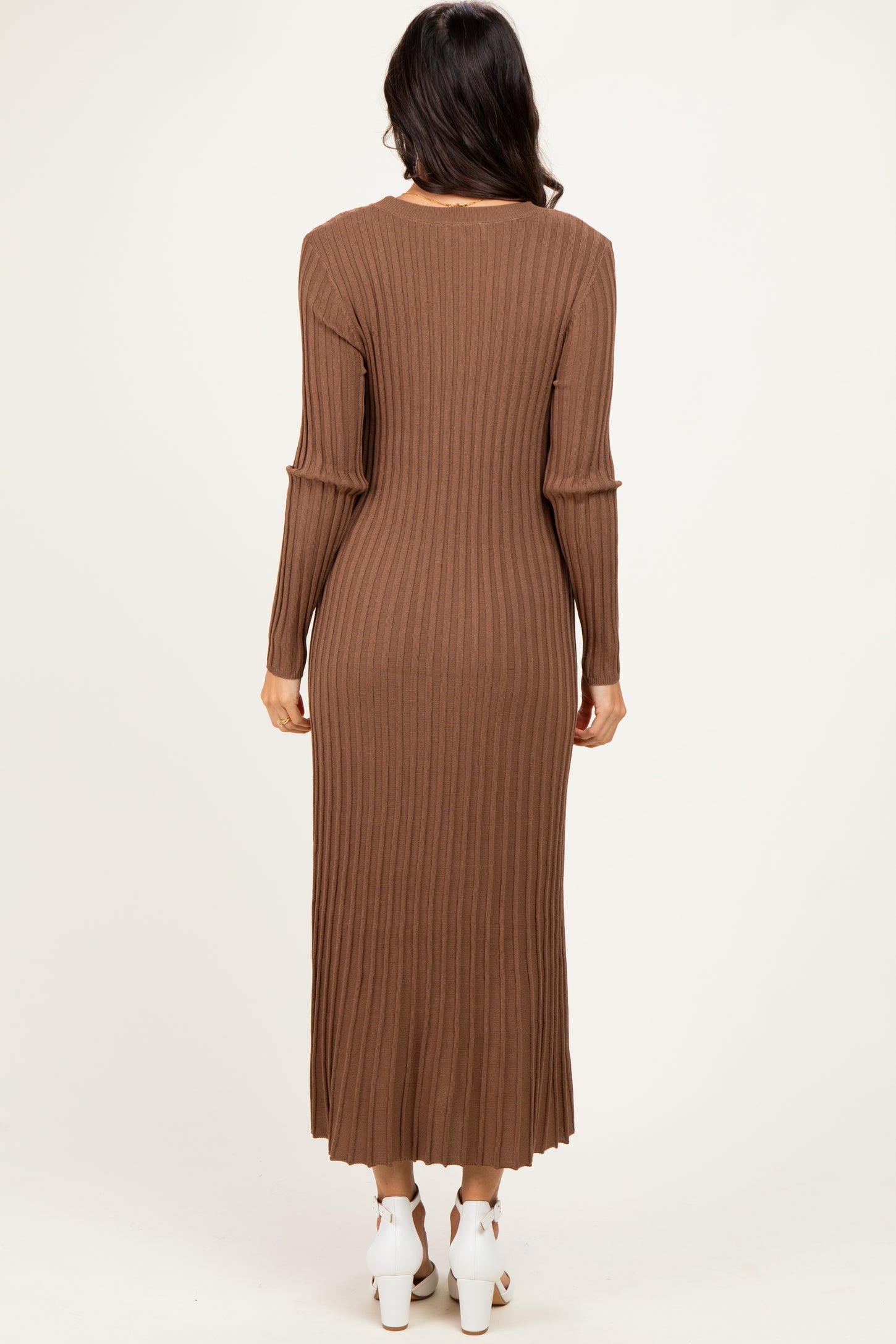 Mocha Ribbed Long Sleeve Sweater Midi Dress