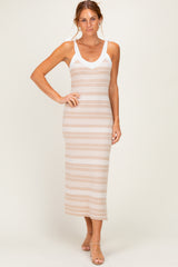 Oatmeal Shoulder Tie Striped Knit Maxi Dress