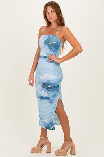Blue Printed Ruched Fitted Midi Dress