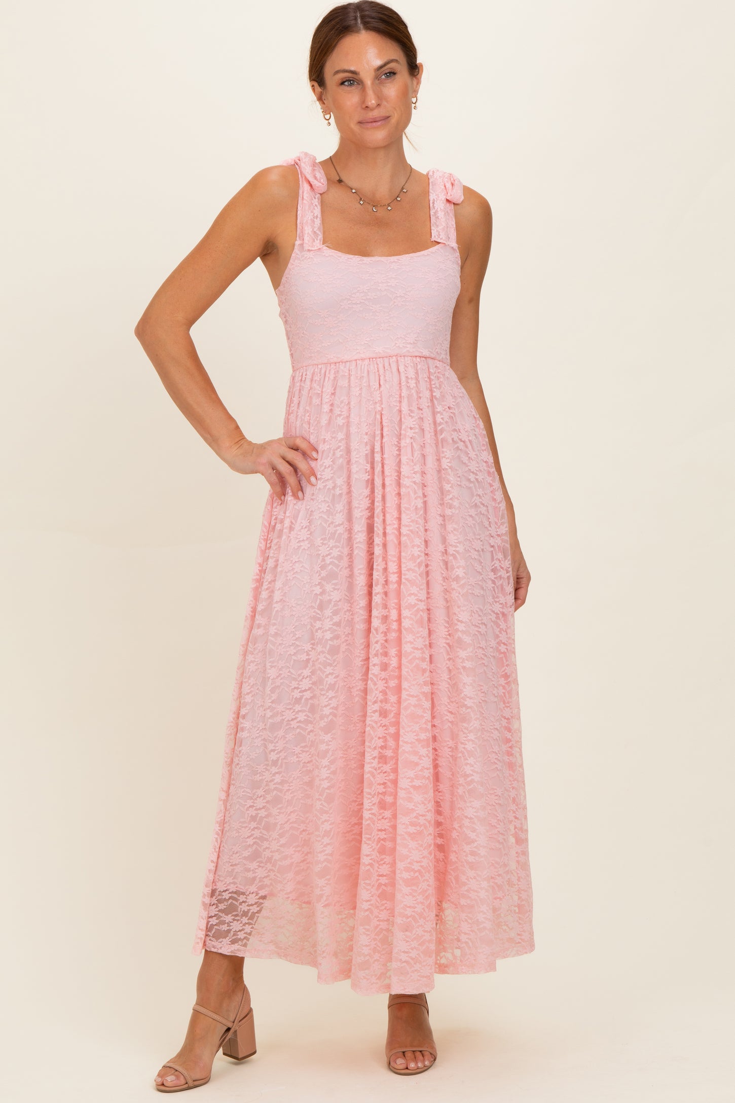 Light Pink Sleeveless Lace Maxi Dress