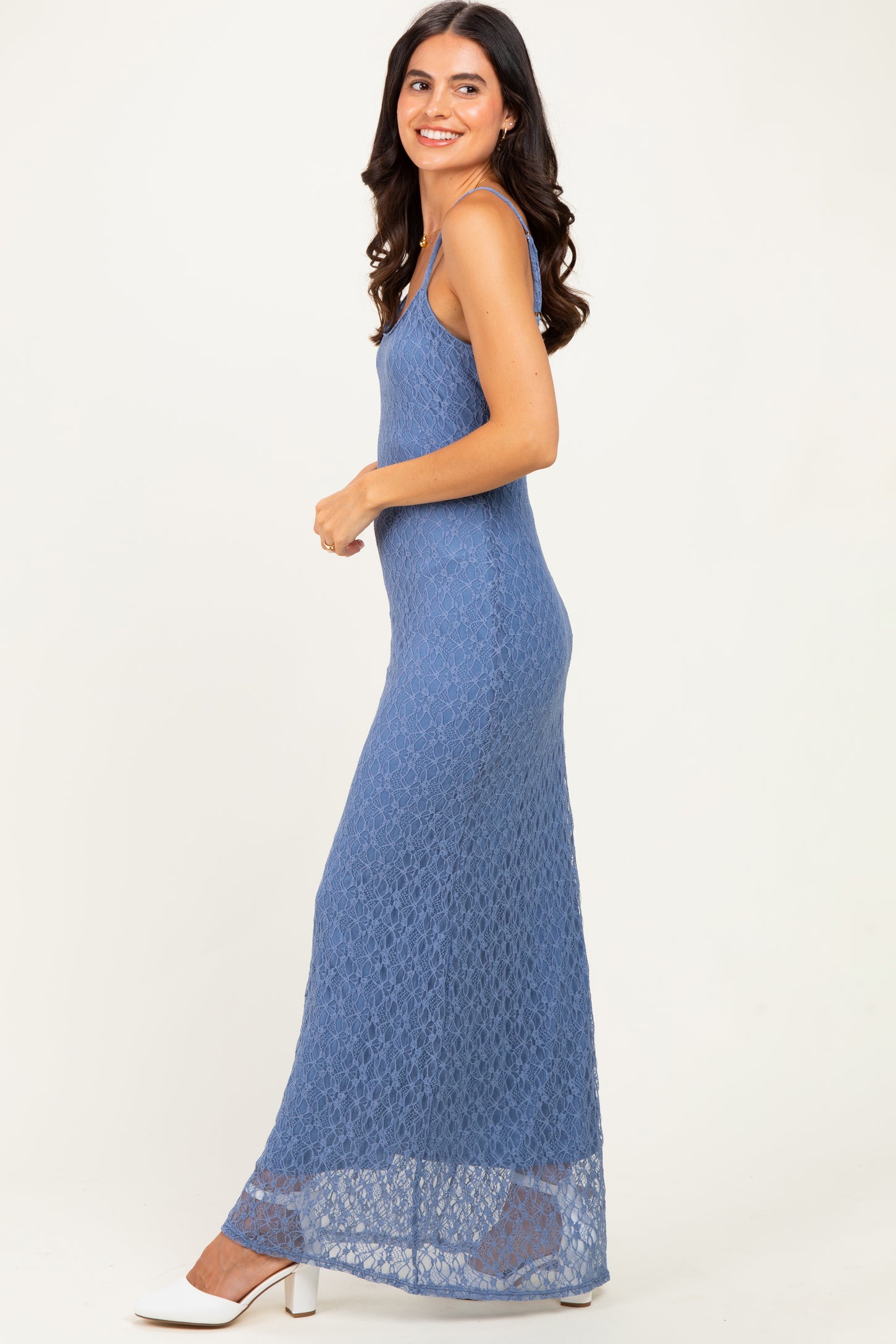 Blue Sleeveless Lace Square Neck Maxi Dress