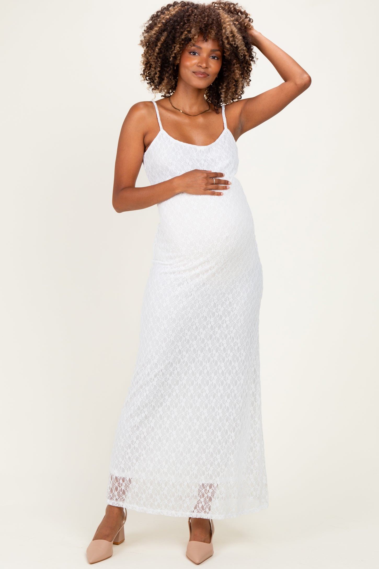 Ivory Sleeveless Lace Square Neck Maternity Maxi Dress