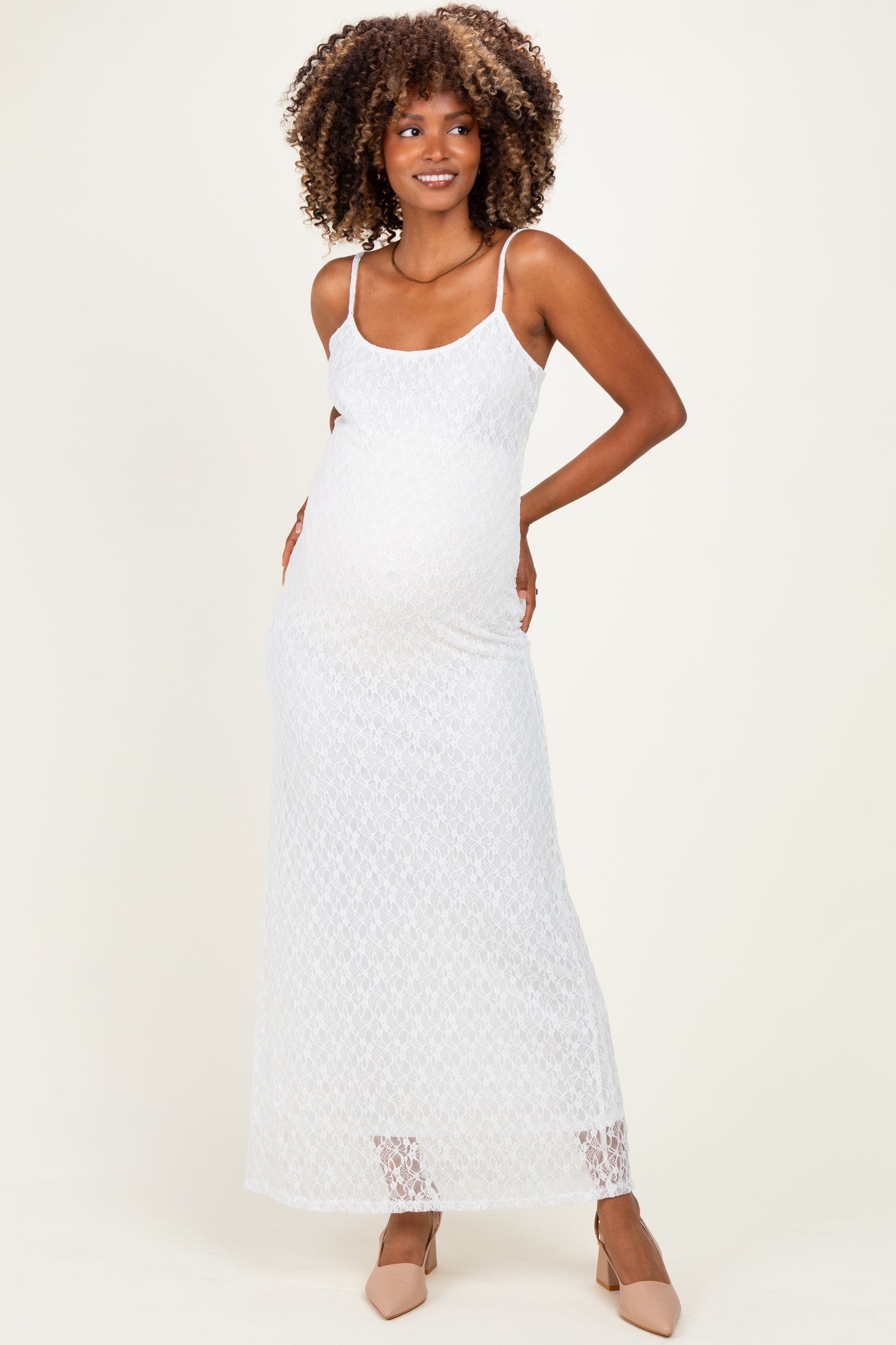 Ivory Sleeveless Lace Square Neck Maternity Maxi Dress