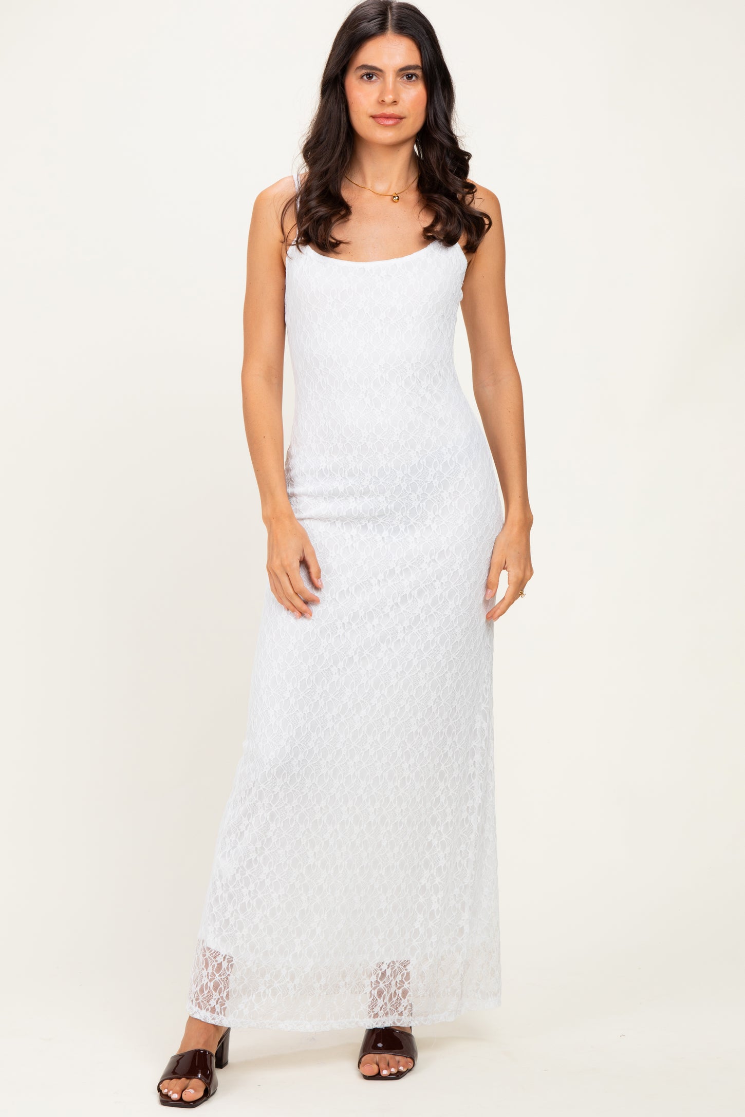 Ivory Sleeveless Lace Square Neck Maxi Dress