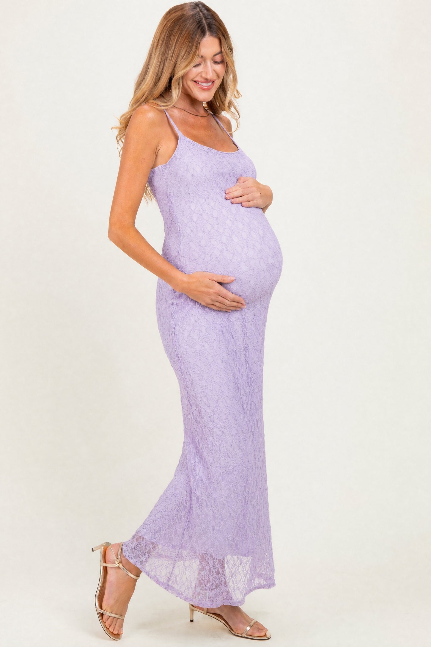 Lavender Sleeveless Lace Square Neck Maternity Maxi Dress