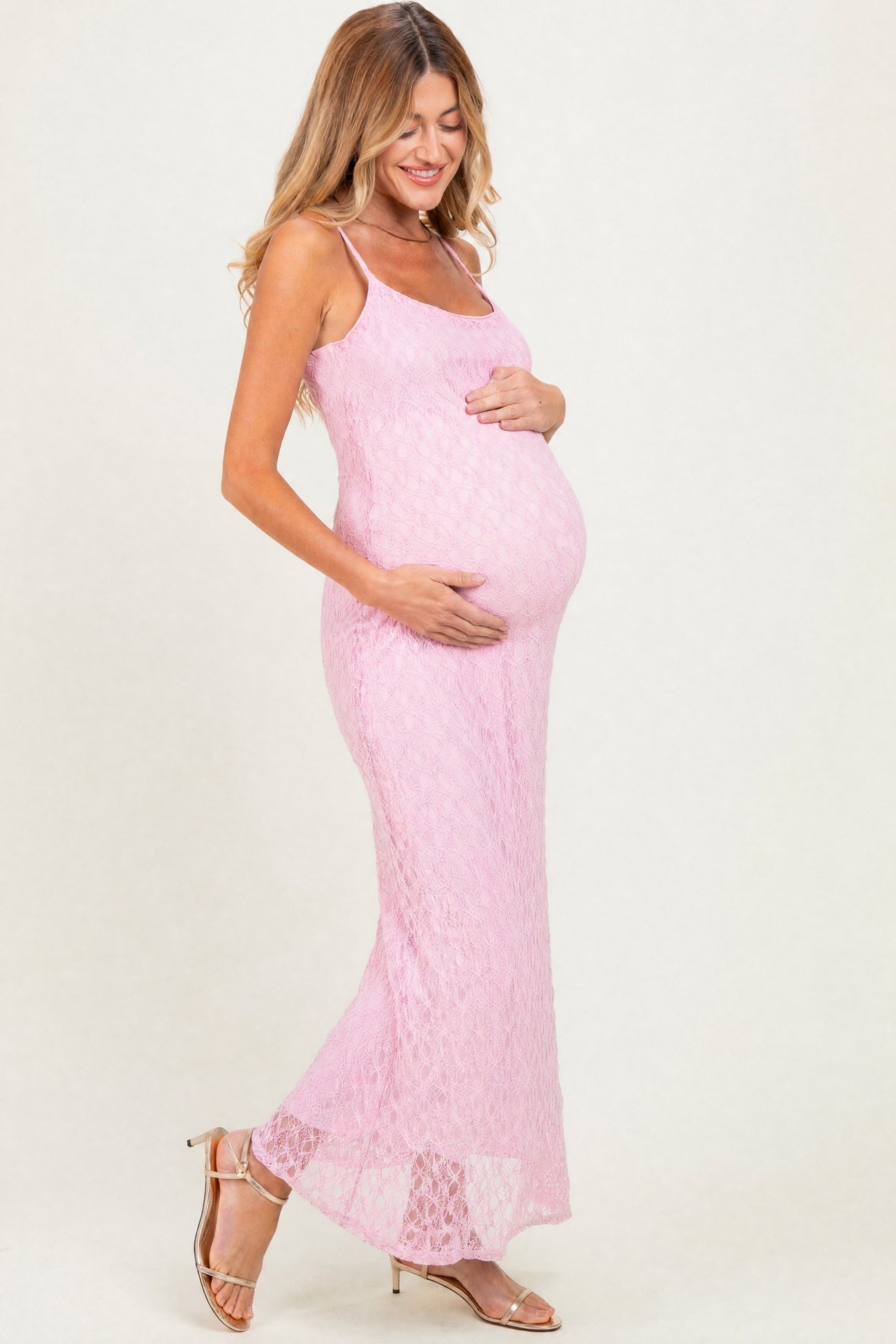 Pink Sleeveless Lace Square Neck Maternity Maxi Dress