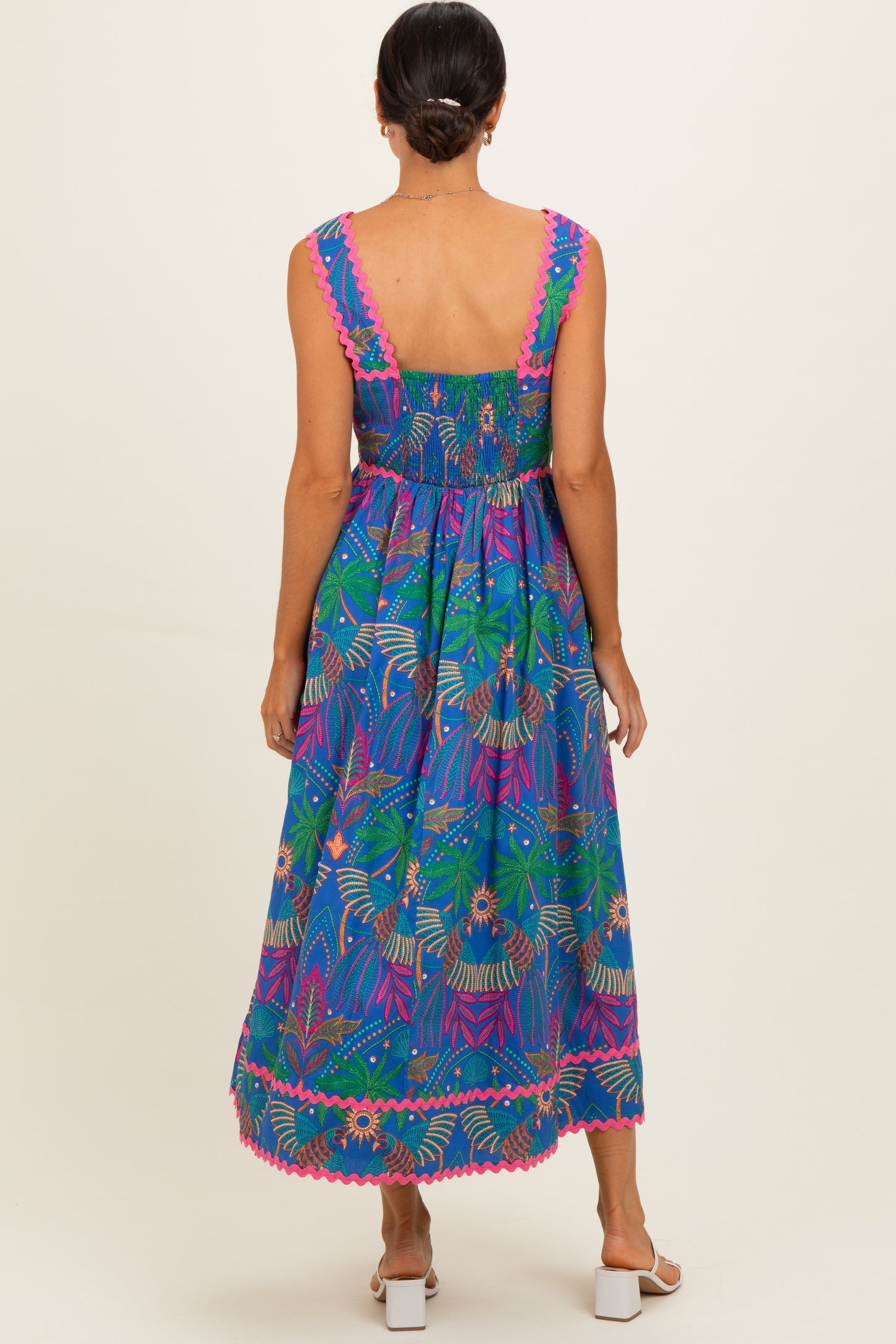 Navy Tropical Embroidery Midi Dress