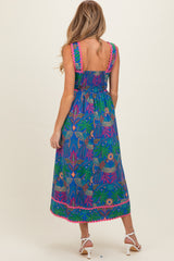 Navy Tropical Embroidery Maternity Midi Dress