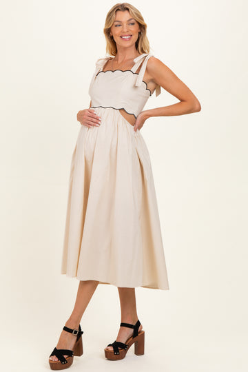 Cream Scallop Edge Side Cutout Maternity Midi Dress