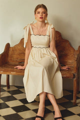 Cream Scallop Edge Side Cutout Midi Dress