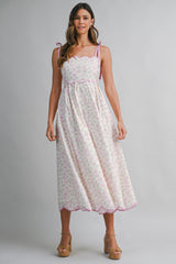 Pink Floral Scallop Hem Shoulder Tie Midi Dress