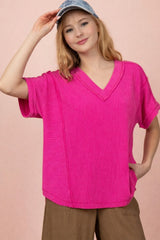 Fuchsia Ribbed Raw Hem Maternity Short Sleeve Top