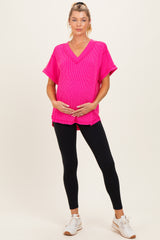Fuchsia Ribbed Raw Hem Maternity Short Sleeve Top