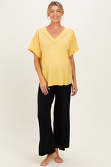 Yellow Ribbed Raw Hem Maternity Short Sleeve Top