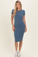 Denim Ribbed Short Sleeve Midi Dress