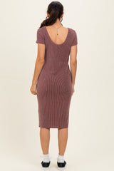 Red Brown Ribbed Short Sleeve Midi Dress