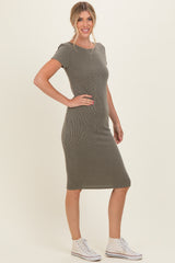 Olive Ribbed Short Sleeve Midi Dress