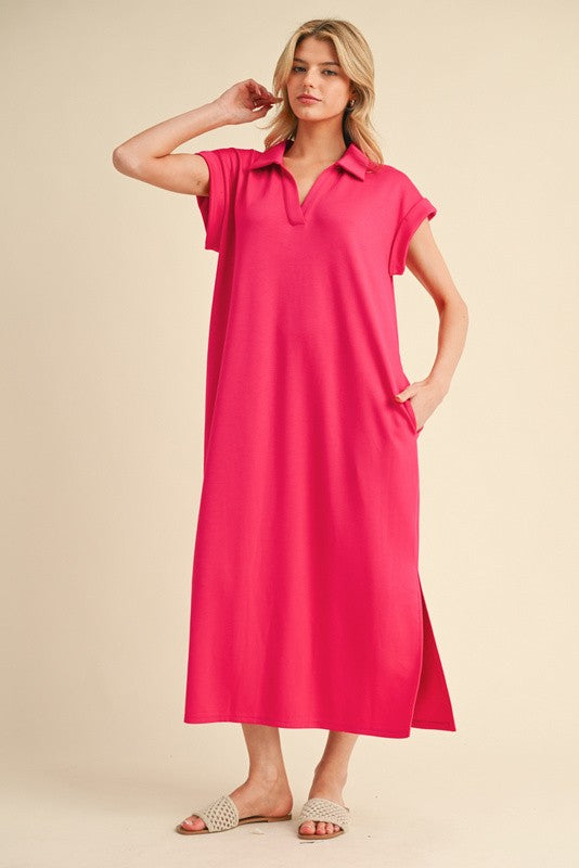 Fuchsia Collared Oversized Midi Dress