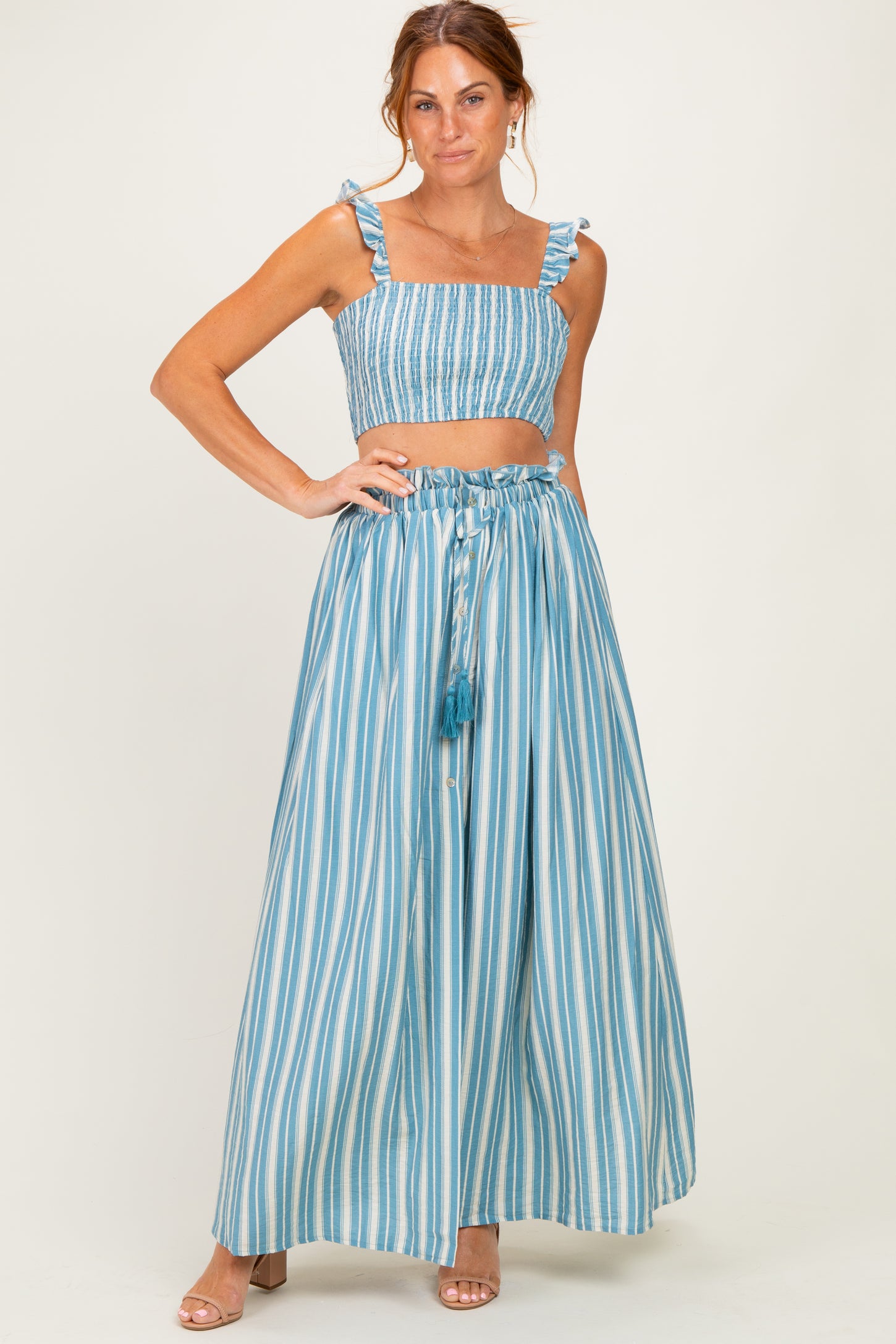Blue Striped Smocked Crop Top Maxi Skirt Set