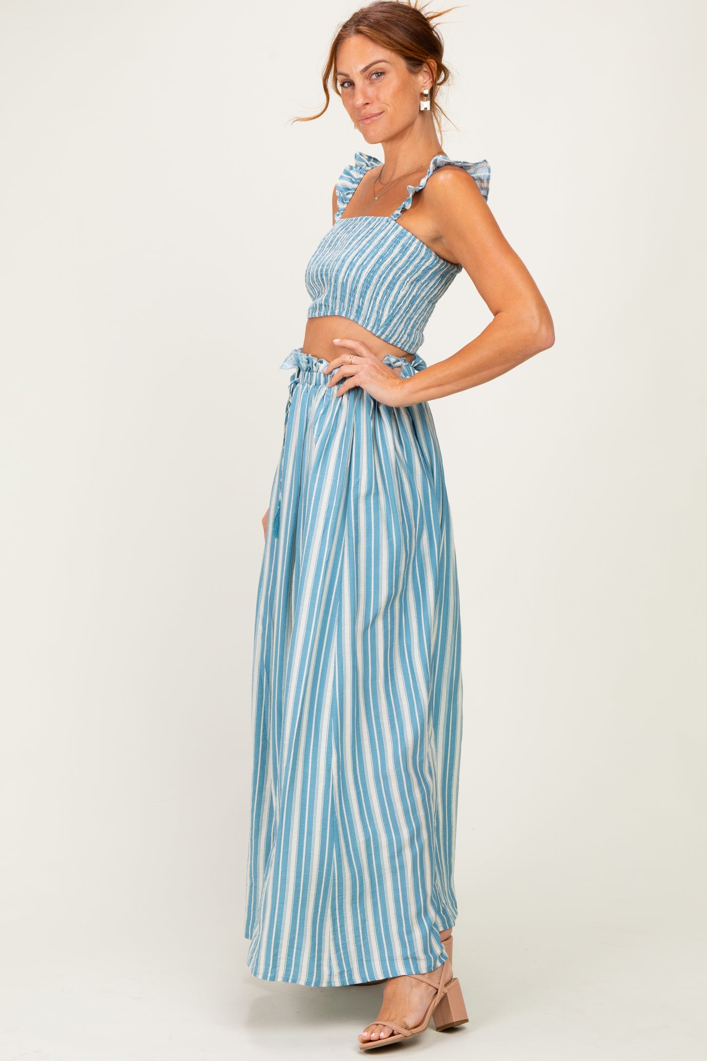Blue Striped Smocked Crop Top Maxi Skirt Set