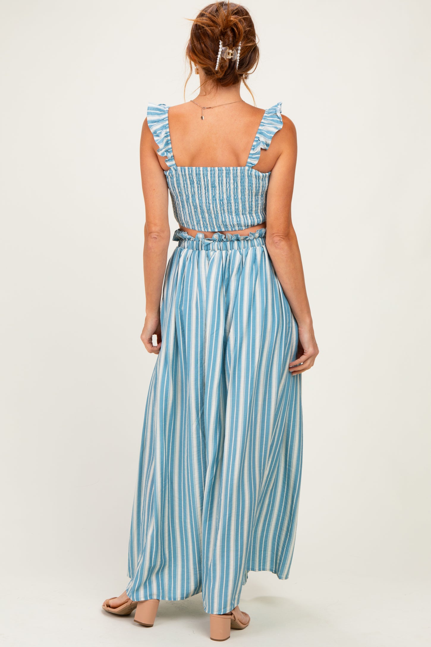 Blue Striped Smocked Crop Top Maxi Skirt Set