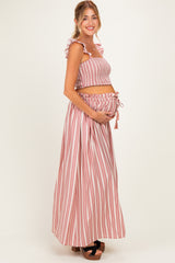 Rose Pink Striped Smocked Crop Top Maxi Skirt Maternity Set