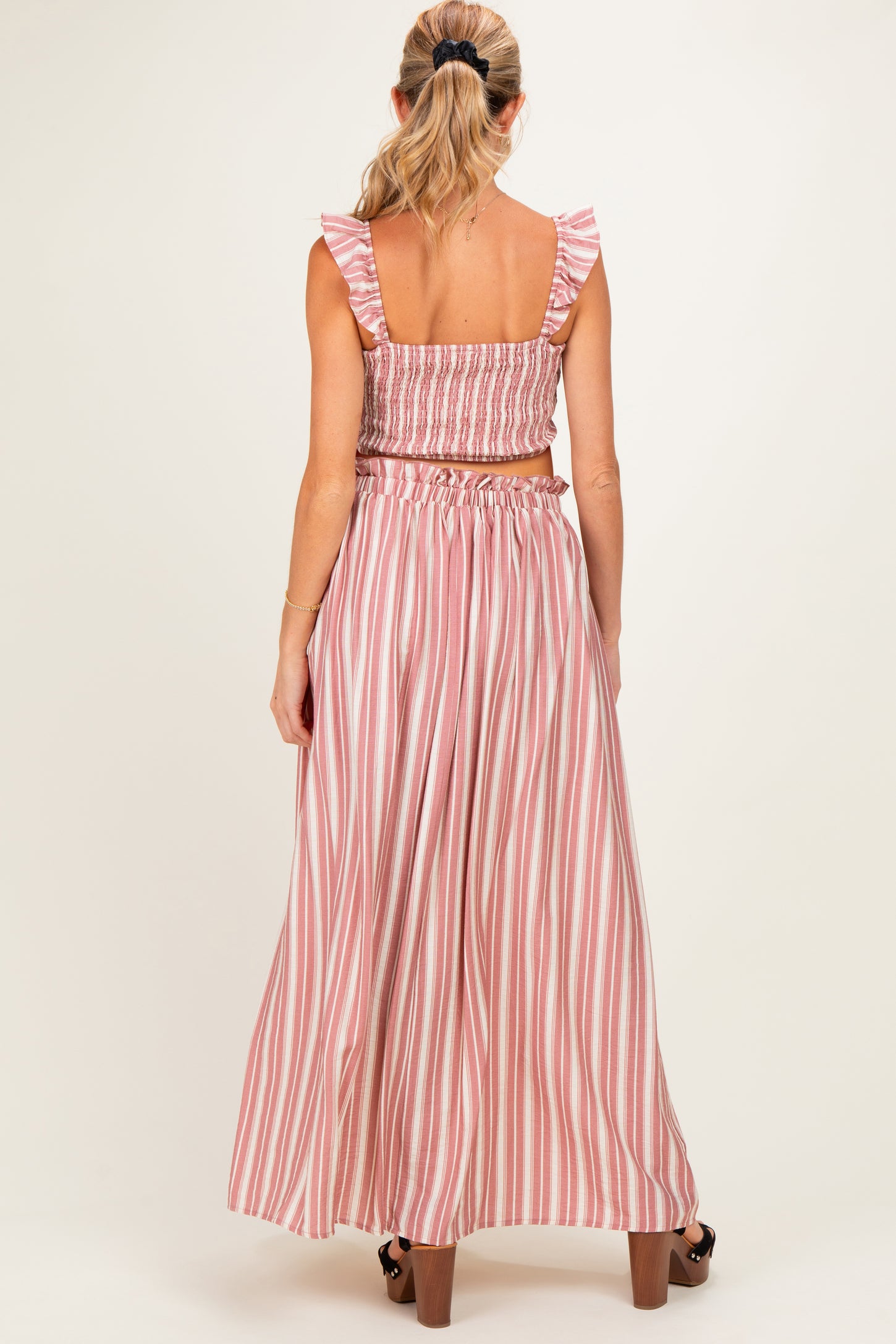 Rose Pink Striped Smocked Crop Top Maxi Skirt Maternity Set