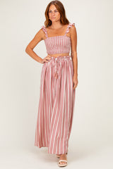 Rose Pink Striped Smocked Crop Top Maxi Skirt Set