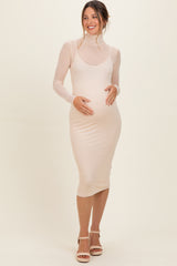 Beige Mesh Overlay Fitted Maternity Midi Dress