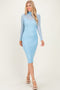 Blue Mesh Overlay Fitted Midi Dress