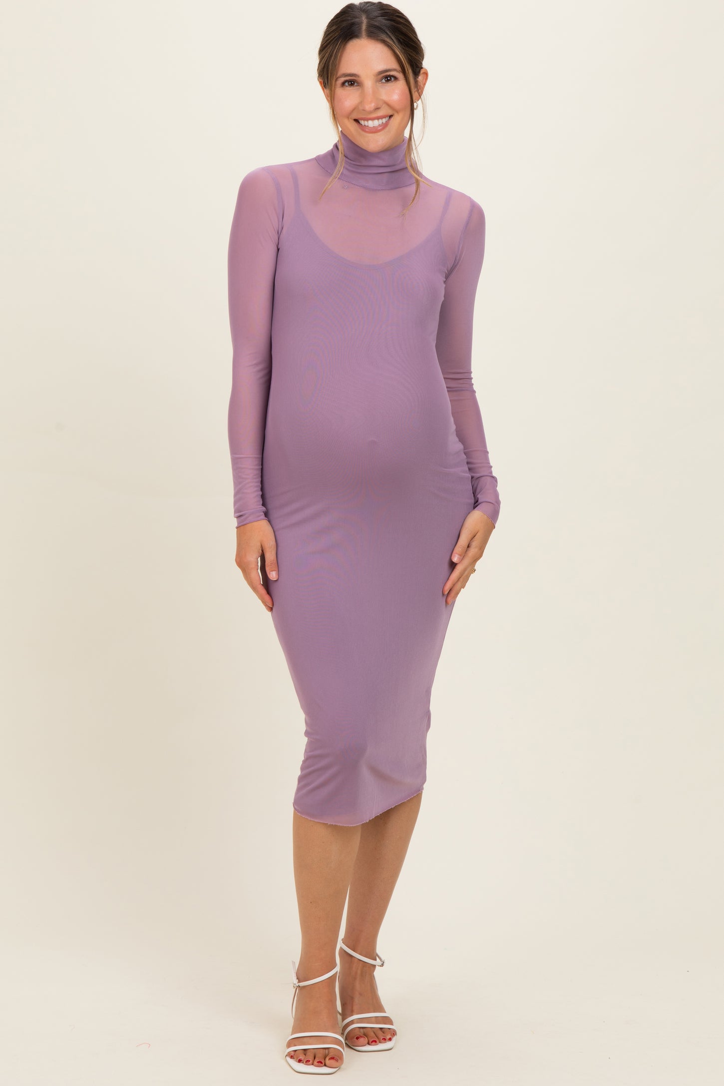 Dusty Lavender Mesh Overlay Fitted Maternity Midi Dress