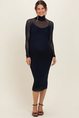 Navy Mesh Overlay Fitted Maternity Midi Dress