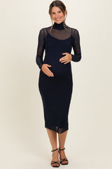 Navy Mesh Overlay Fitted Maternity Midi Dress