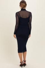 Navy Mesh Overlay Fitted Maternity Midi Dress