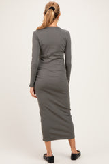 Olive Ribbed Fitted Long Sleeve Maternity Midi Dress