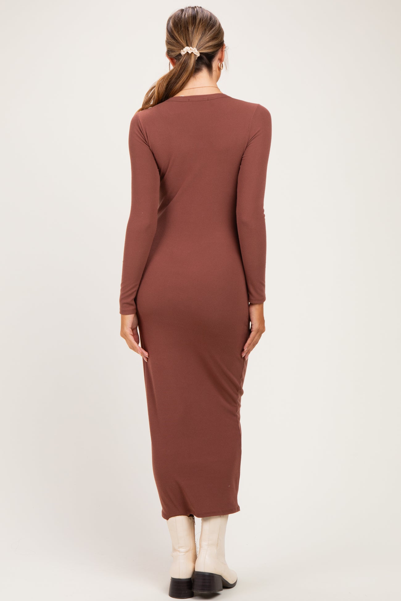 Red Brown Ribbed Fitted Long Sleeve Maternity Midi Dress
