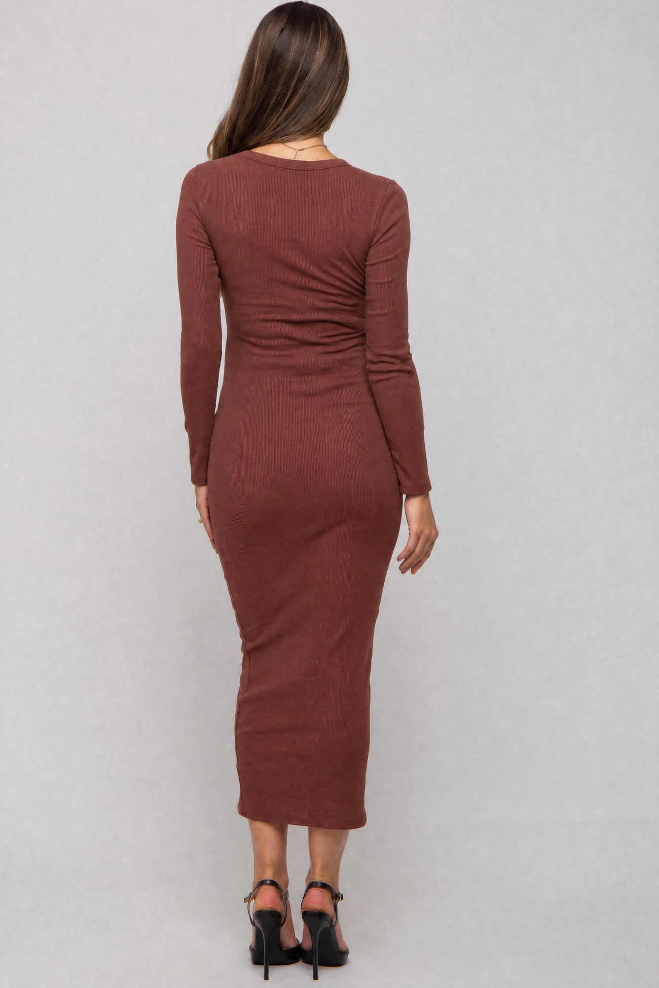 Red Brown Ribbed Fitted Long Sleeve Maternity Midi Dress