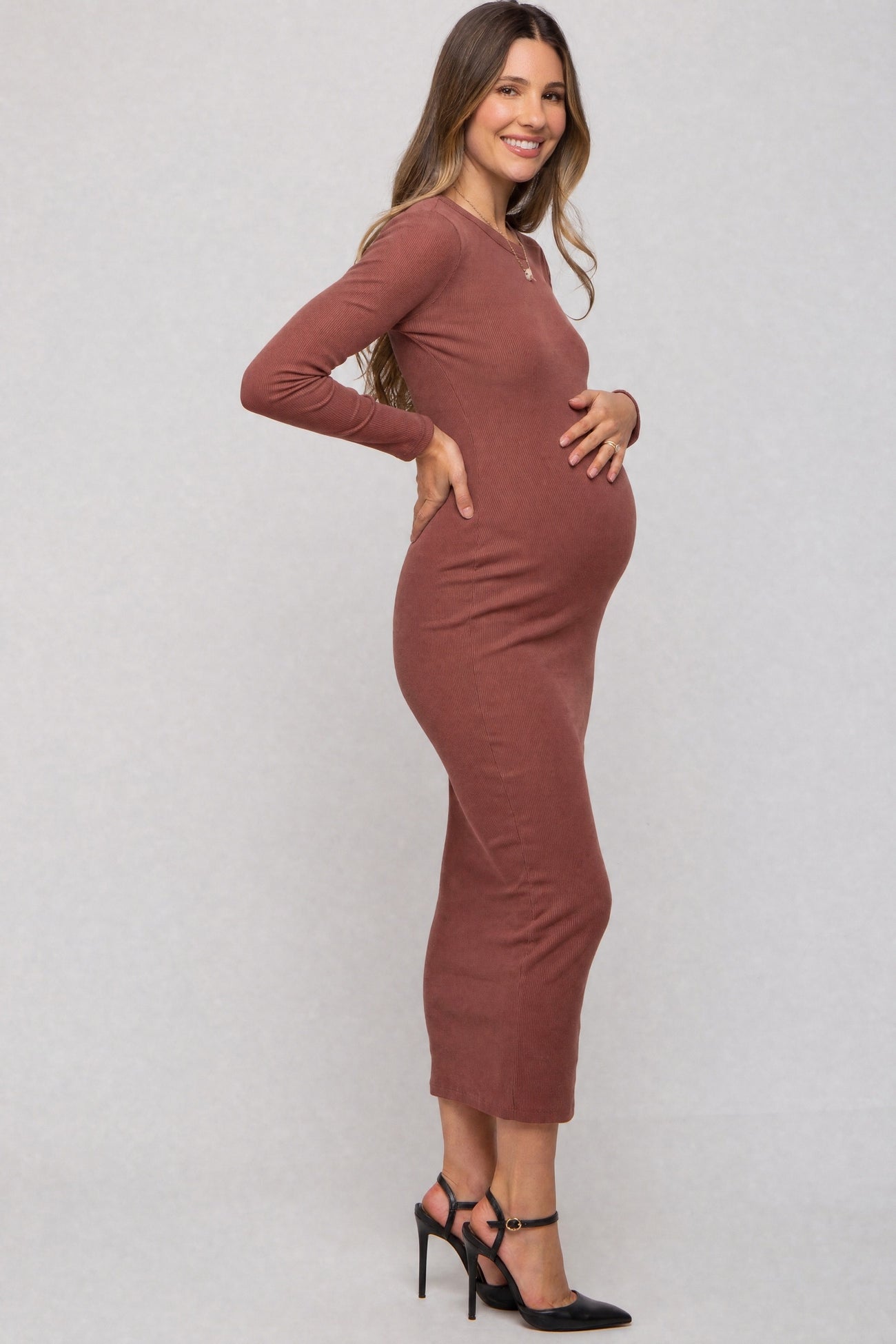 Red Brown Ribbed Fitted Long Sleeve Maternity Midi Dress