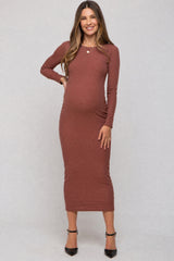 Red Brown Ribbed Fitted Long Sleeve Maternity Midi Dress