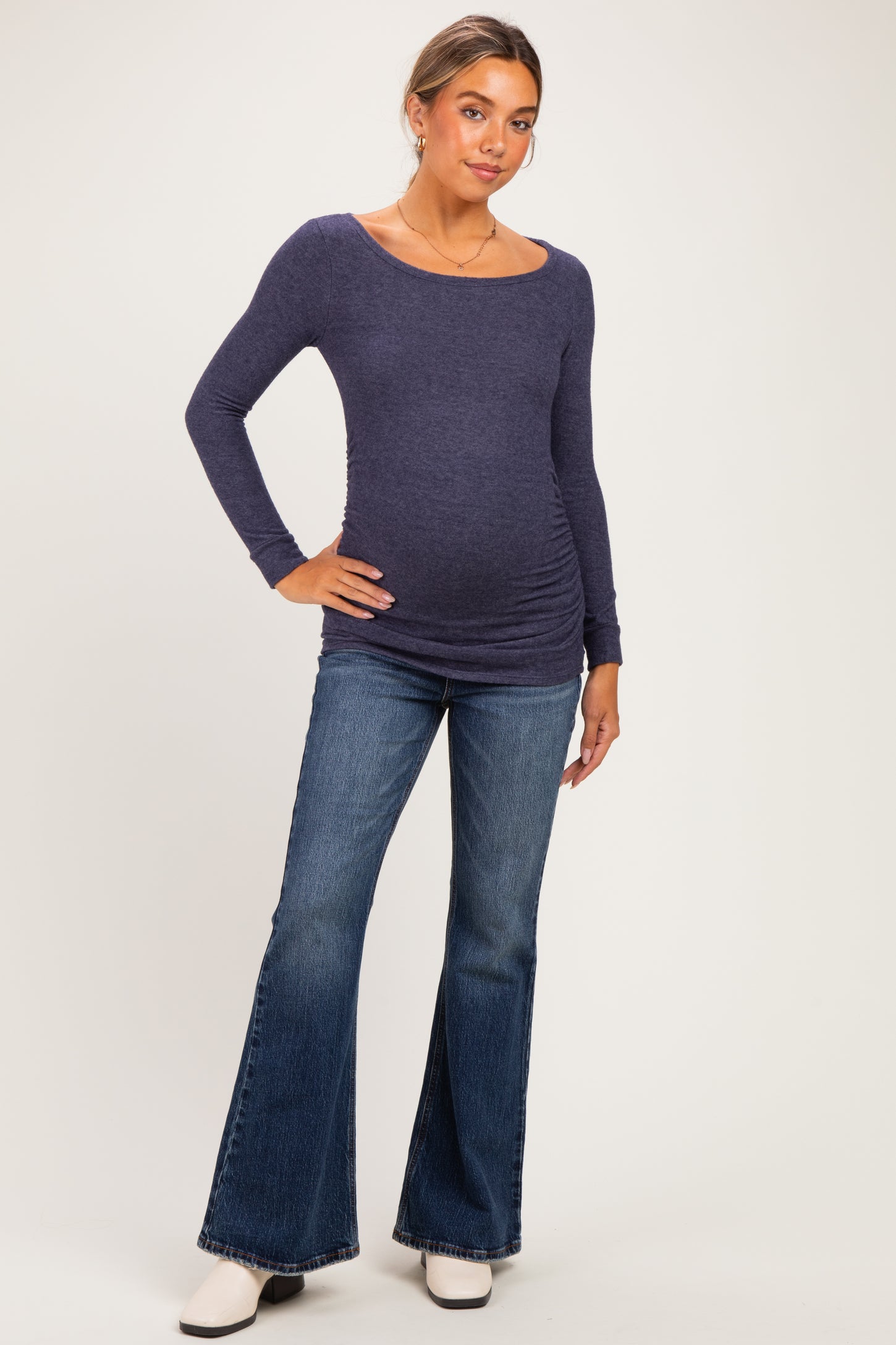 Navy Soft Knit Ruched Maternity Top