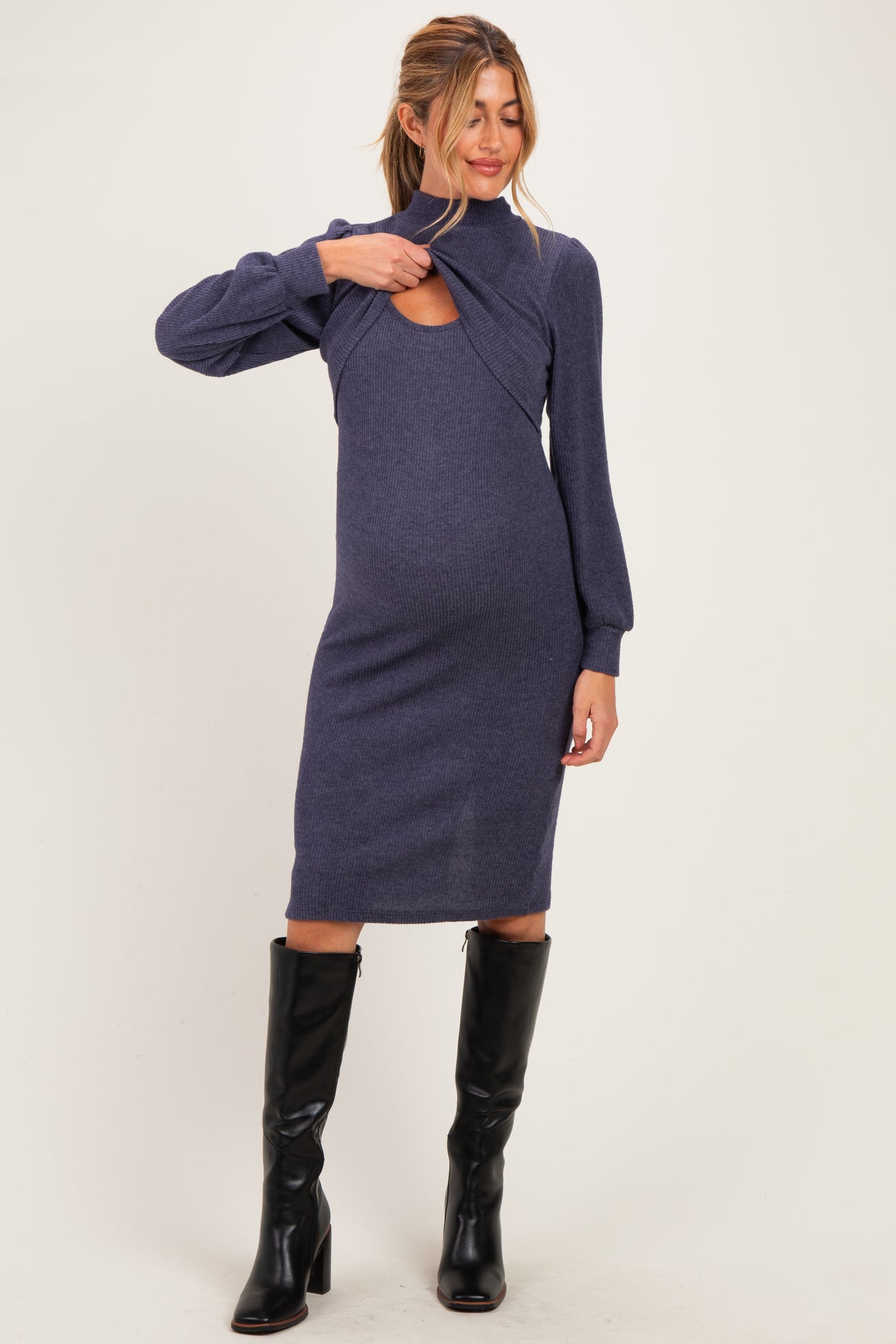 Navy Rib Knit Mock Neck Maternity Nursing Dress
