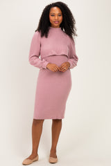 Pink Rib Knit Mock Neck Maternity Nursing Dress