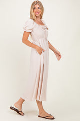 Beige Square Neck Puff Sleeve Midi Dress