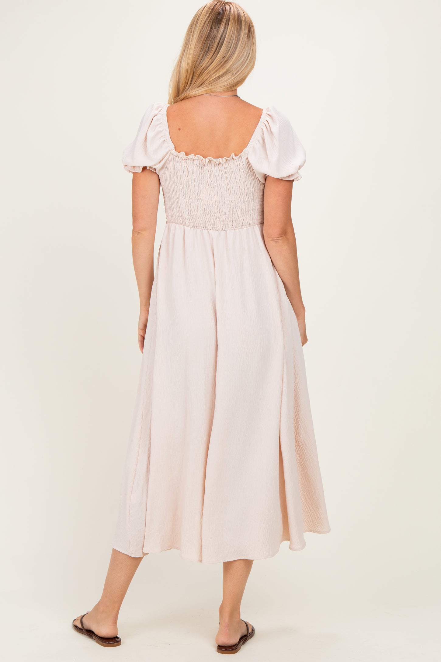 Beige Square Neck Puff Sleeve Midi Dress