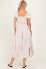 Beige Square Neck Puff Sleeve Midi Dress