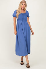 Blue Square Neck Puff Sleeve Midi Dress