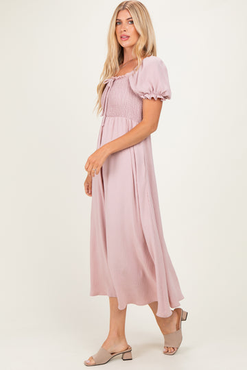 Mauve Square Neck Puff Sleeve Midi Dress