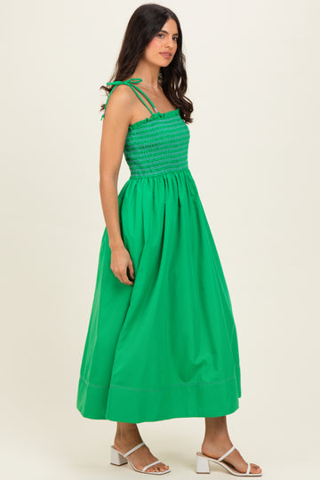 Green Smocked Shoulder Tie Midi Dress